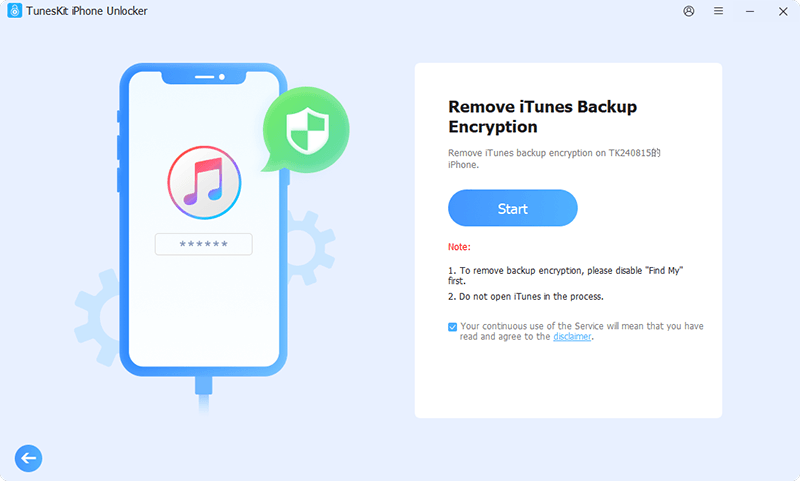 click start to remove itunes backup encryption