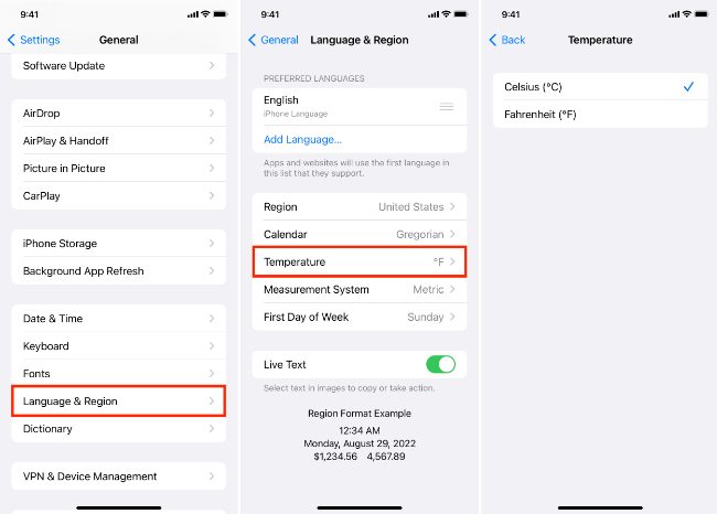 adjust date and temperature formats on iphone