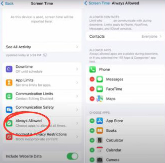 choose always allowed apps on screen time settings