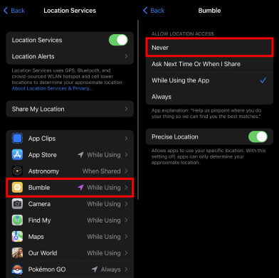 toggle bumble location to never on iphone