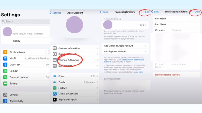 change name on apple id shipping address on iphone