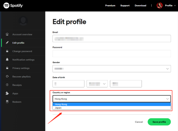 change spotify country or region