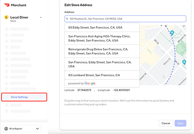 change store address on doordash