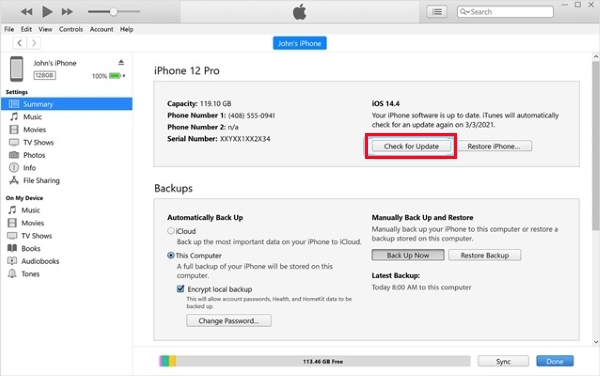 check for update itunes iphone