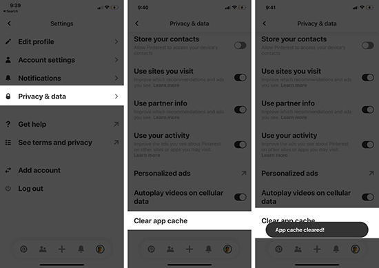 clear cache of pinterest on iphone
