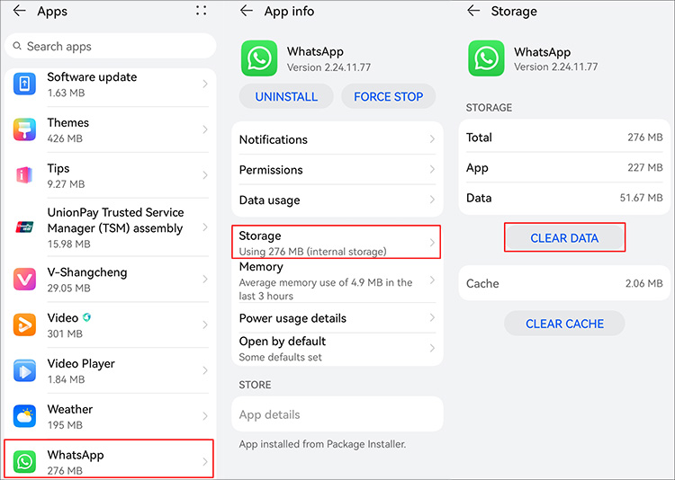 clear whatsapp data on android