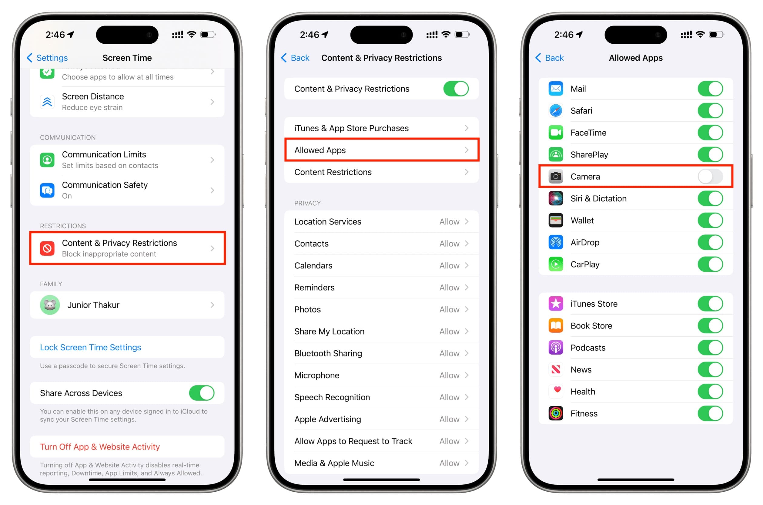 enable camera from iphone screen time settings