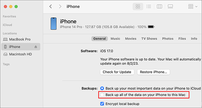 finder back up data on iphone to this mac