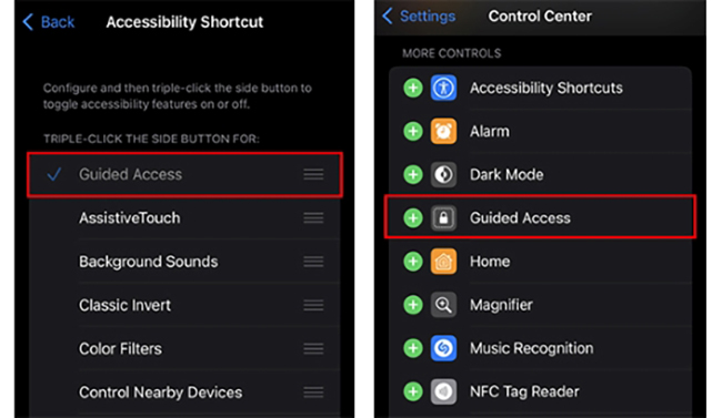 guided access accessibility shortcut control center