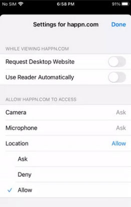 happn location settings in safari