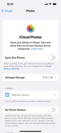 turn off icloud photos sync on iphone settings