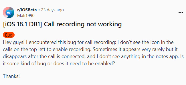 ios 18 call recording not showing reddit