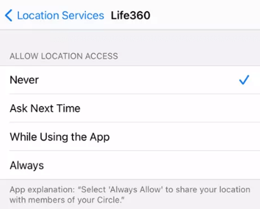 ios never allow location access life360