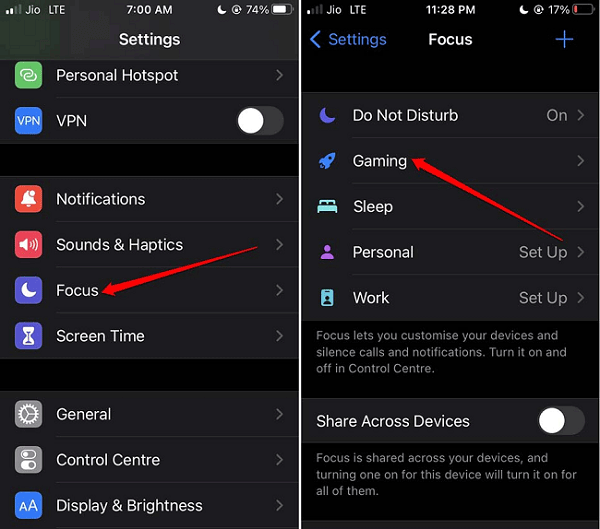 ios settings focus gaming