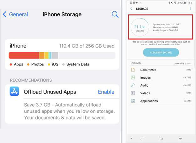 iphone android storage