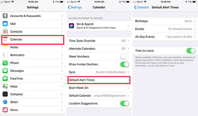 iphone calendar default alert times