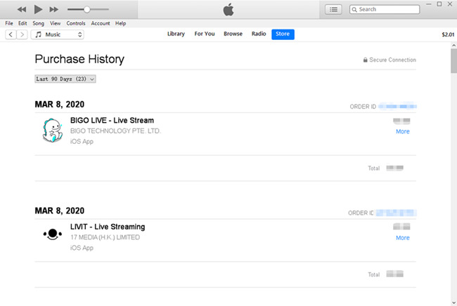 see itunes purchase history iphone