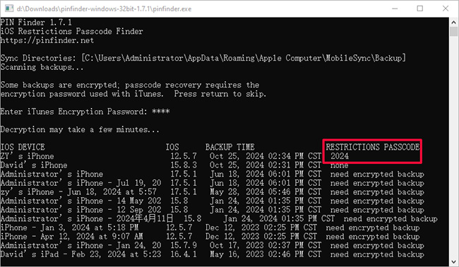 pinfinder restrictions passcode