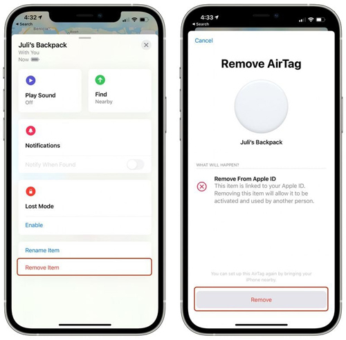 remove airtag from iphone