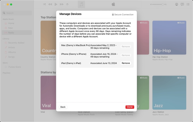 remove device from account via apple music