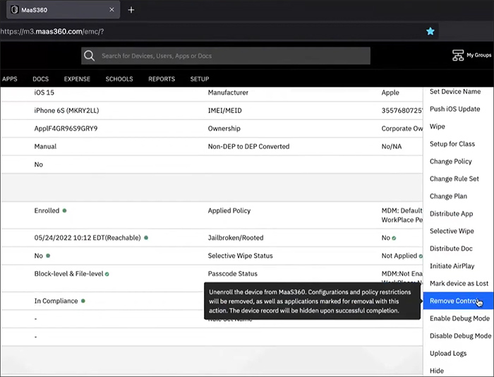 remove control from ibm maas360 console