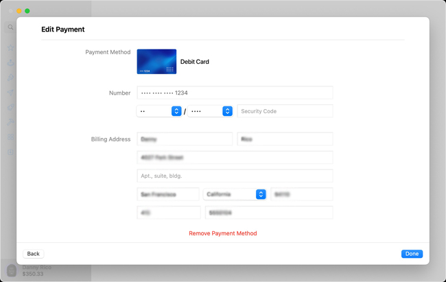 remove payment in settings on mac