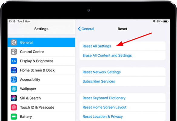 reset all settings ipad