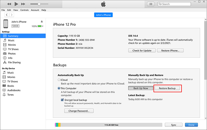 restore backup to iphone with itunes