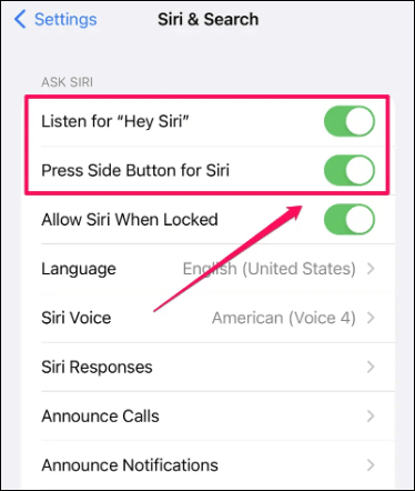 enable listen for hey siri and press side button for siri