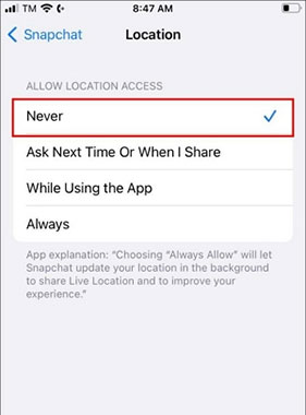 set snapchat to never allow location access on iphone