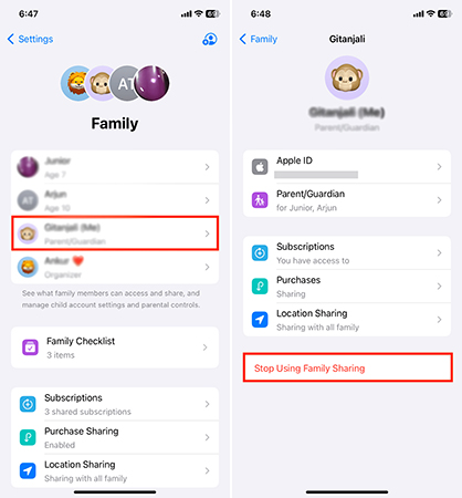 disable family sharing iphone